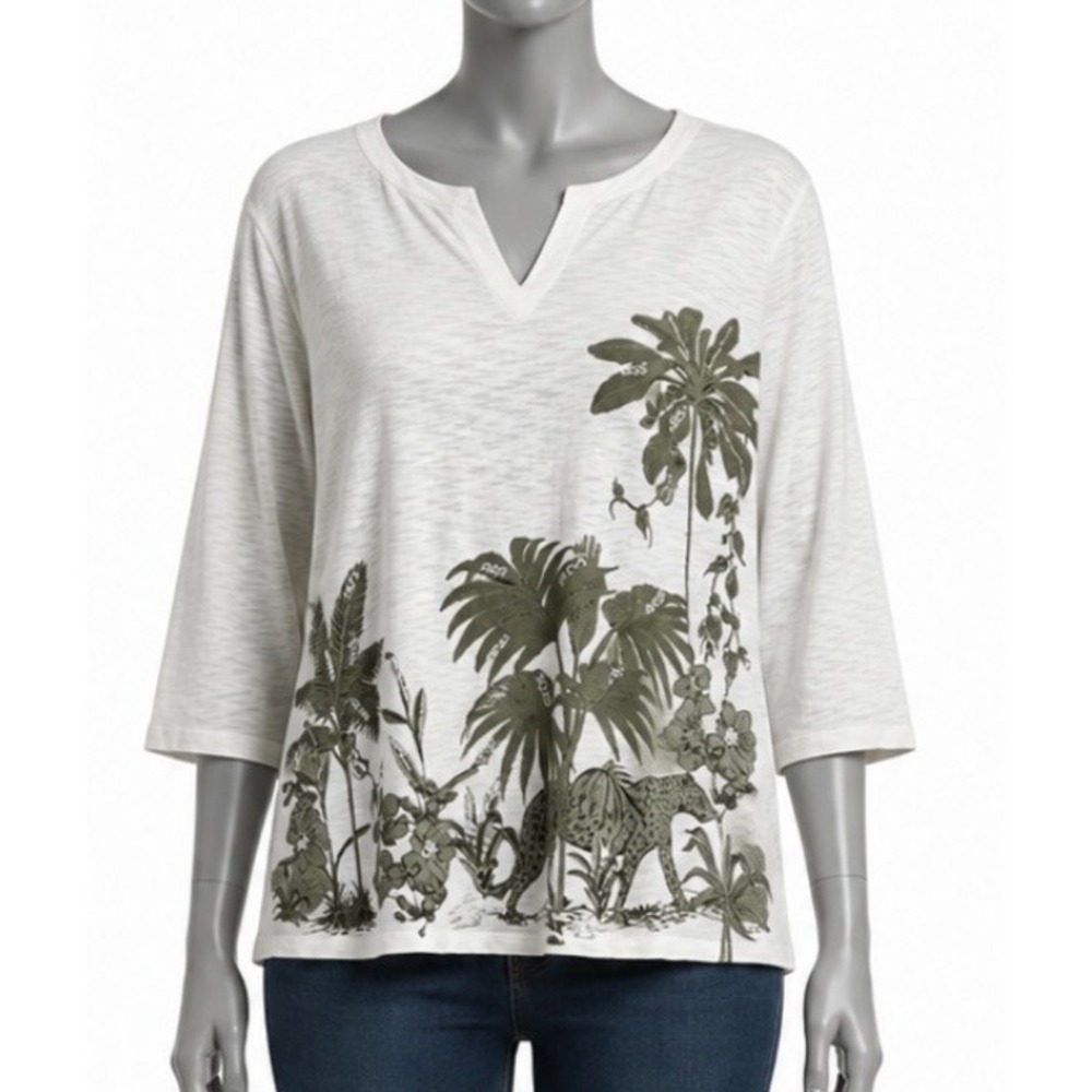 Chico's Shirt 3/4 Sleeve Cotton Top-Jungle Embroidered Size 3